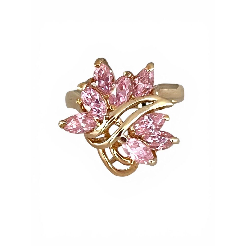 Vintage 1980s Pink CZ Cluster Ring Size 6 14KTGE Gold Plate - 14D